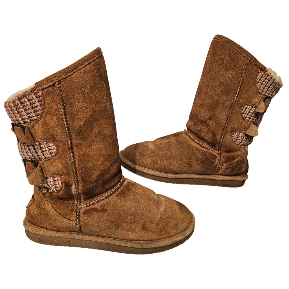 Bearpaw Rosie Womens 8 Hickory Brown Suede Knit Buckle Mid Calf Boots 02754-00 *